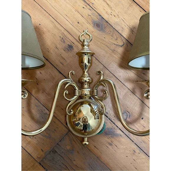 Vintage Brass Wall Light Fixture Sconce Dutch Double  Light with Shade and pair - Picture 9 of 12
